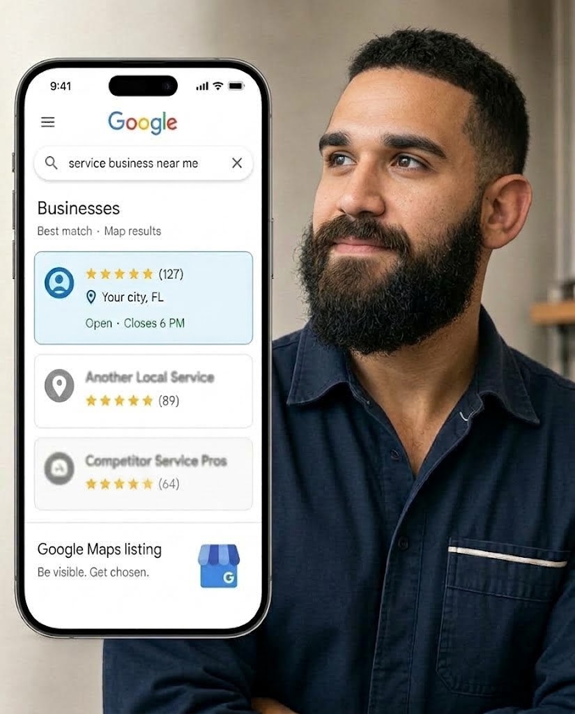 A Florida service owner beside a phone showing his business at the top of local results